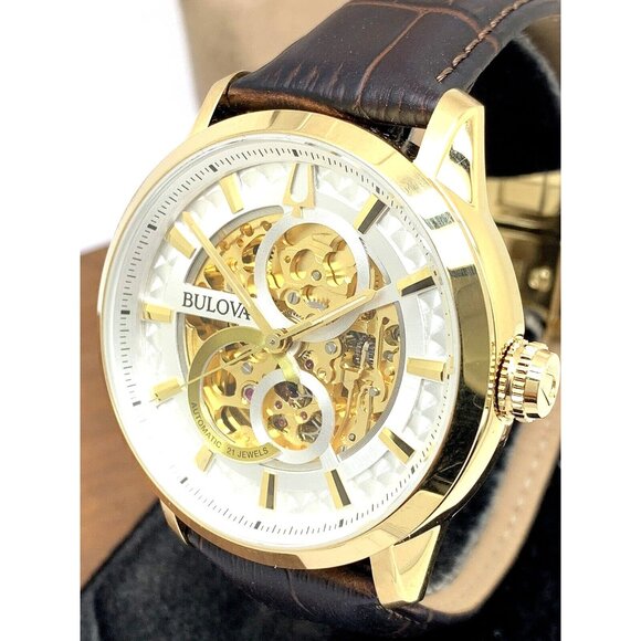 Bulova Men's Watch 97A138 Automatic Skeleton Gold Tone Case Brown Leather Band - Picture 1 of 14
